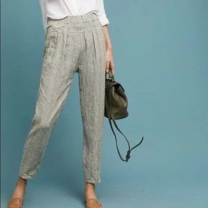 Anthropologie 100% Linen Green Striped Pull On Elastic Waist Pants Women's XL